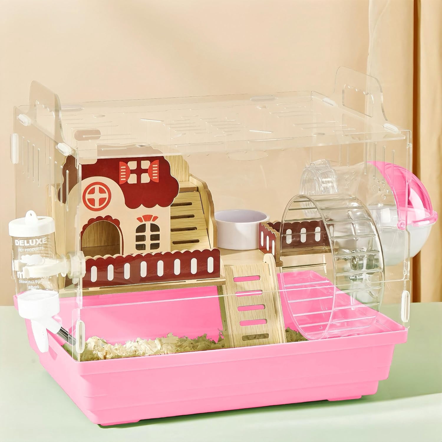 12 in 1 Clear Acrylic Hamster Cage with All Accessories,13.5''L* 10''W* 15''H Dwarf Hamster Cage,Magnetic Connection Small Hamster Enclosure,Garden Style Wooden Mouse Cage for Pet Mice