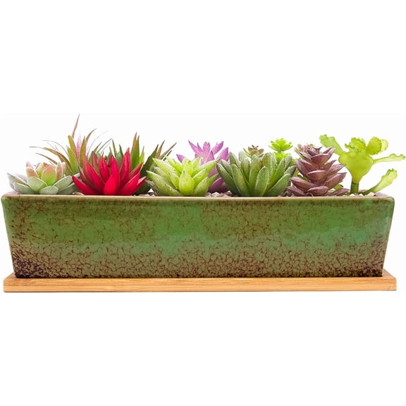12.1 Inch Large Succulent Planters Pots with Drainage Tray, Long Rectangle Ceramic Pots for Indoor Cactus/Succulent Plants Shallow Bonsai Window Box for Home Garden Decor (Green)
