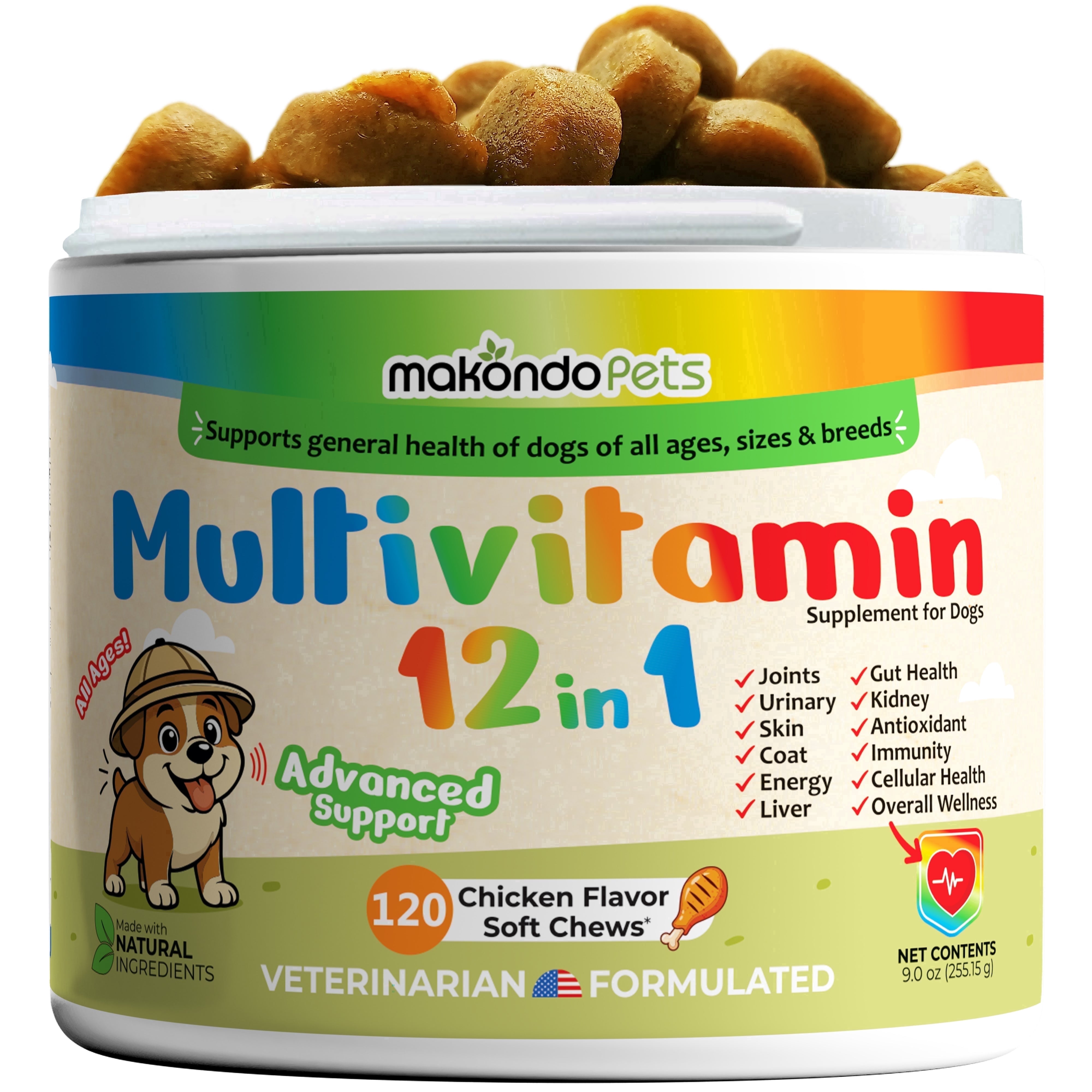 Multivitamin for Dogs  12 in 1, Joint and Digestive Support Supplement, 120 Chews Jar by Makondo Pets