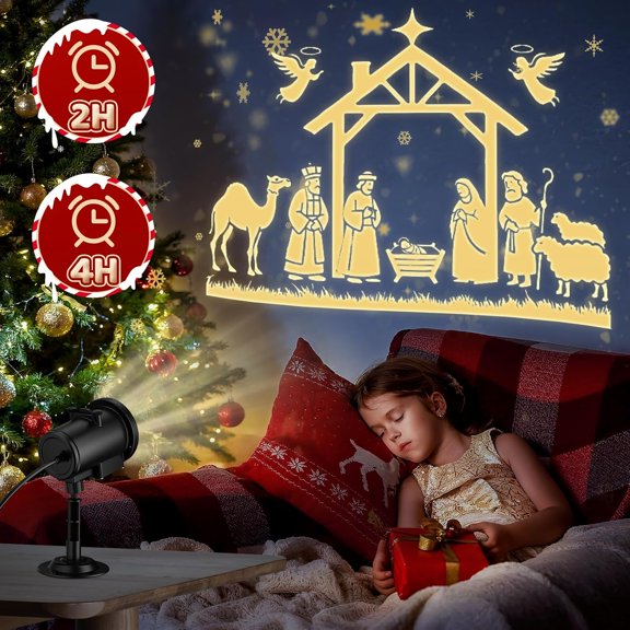 12 in 1 Nativity Scene Christmas Projector Lights Outdoor Indoor - 3D Dynamic Jesus/Santa Sleigh/Ghost/Spider/Bat Christmas Decorations,Waterproof Holiday Lights for Window Wall Party Holiday Decor
