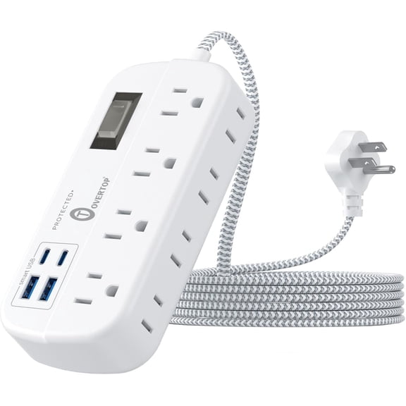 12 IN 1 Power Strip Surge Protector, 8 Outlets 4 USB (2 USB C Ports), Compact Wall Outlet Extender, Nightlight Flat Plug 5FT Braided Extension Cord Charging Station for Travel Home Office Dorm