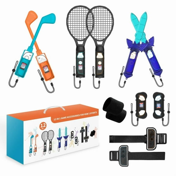 12 in 1 Sports Games Accessories for Nintendo Switch 2, Sports Family Accessories Kit for Switch2 with Tennis Rackets Golf Culbs JoyPad Grips Sword Leg Straps