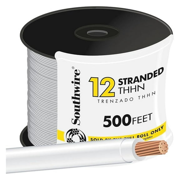 12/1 Stranded THHN Building Wire - 500ft White - 12 Gauge Copper, 600V, 20 Amp, 90C - Electrical Wire for Residential & Industrial Use