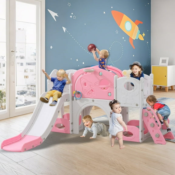 12 in 1 Toddler Slide, Astronaut Themed for Baby Slide Toddlers Aged 1-3, with Astronaut,Telescope, Basketball Hoop and Ring Toss, Toddler Playset Pink Gray Combo