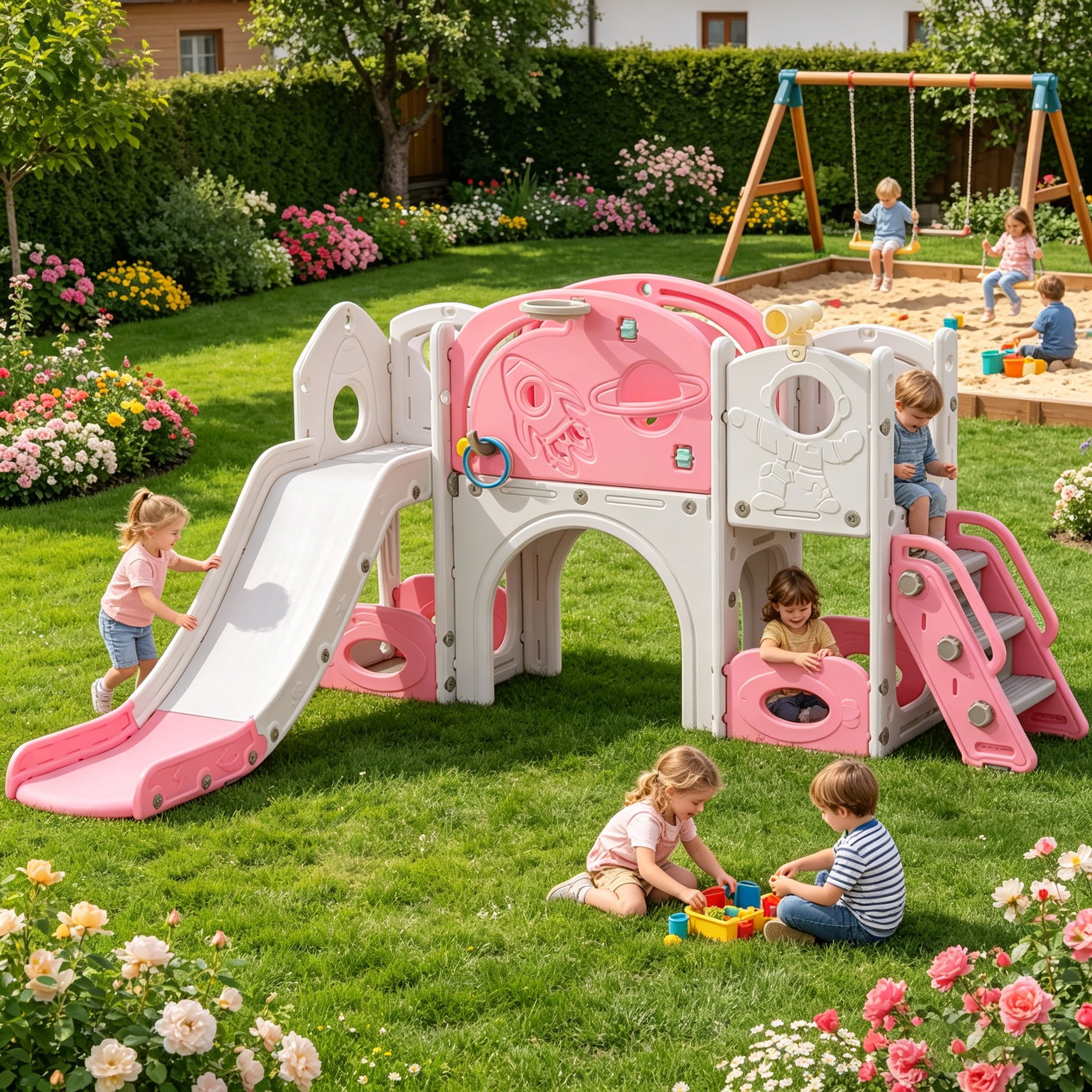 12 in 1 Toddler Slide, Astronaut Themed for Baby Slide Toddlers Aged 1-3, with Astronaut,Telescope, Basketball Hoop and Ring Toss, Toddler Playset Pink Gray Combo