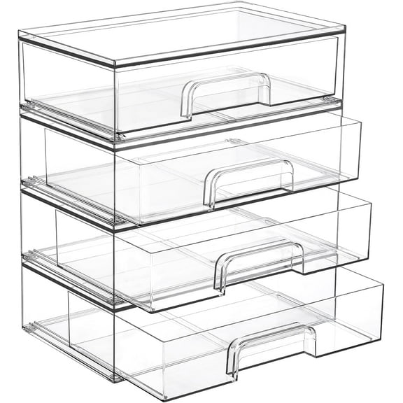 12.1''W Clear Stackable Storage Drawers,2 Pack Acrylic Plastic Organizers Bins for Makeup Palettes, Cosmetics, and Beauty Supplies,Ideal for Vanity, Bathroom,Cabinet,Desk Organization