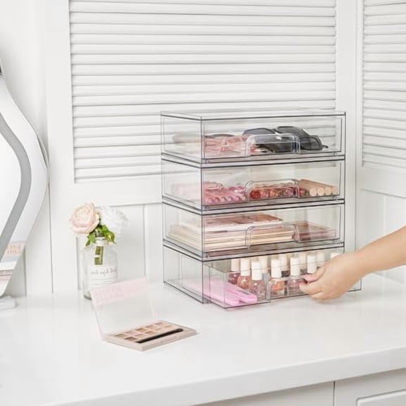 12.1''W Clear Stackable Storage Drawers,3 Pack Acrylic Plastic Organizers Bins for Makeup Palettes, Cosmetics, and Beauty Supplies,Ideal for Vanity, Bathroom,Cabinet,Desk Organization