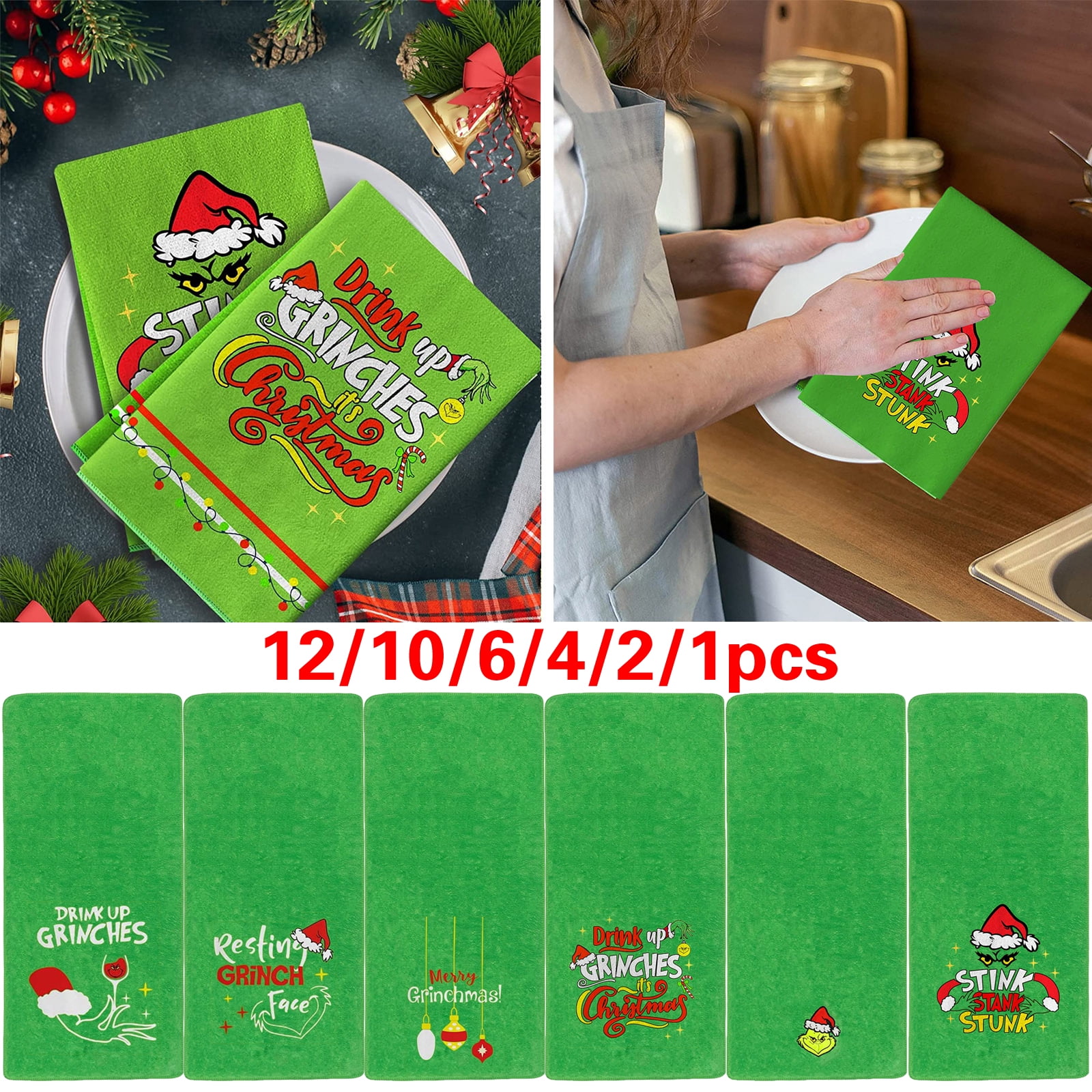 12/10/6/4/2/1pcs Grinchmas Christmas Kitchen Towels Dish Towels