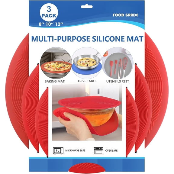 12 10 8 Inch Multi-use Microwave Mat, Trivet, Pot Holders, Drying, Baking, Place Mat, Utensils Rest,  Cover Pad for Hot Pot Pans Bowls Plates Dishes Kitchen Counter, Heat Resistant,Red
