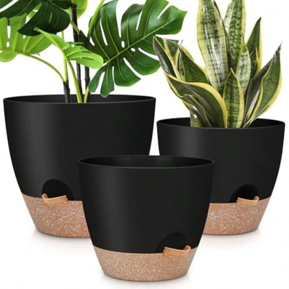 12 10 9 Large Self Watering Plant Pots 3 Pack Flower Pots Planters with Multi Mesh Drainage Holes for Indoor Outdoor Garden Plants and Flowers Black