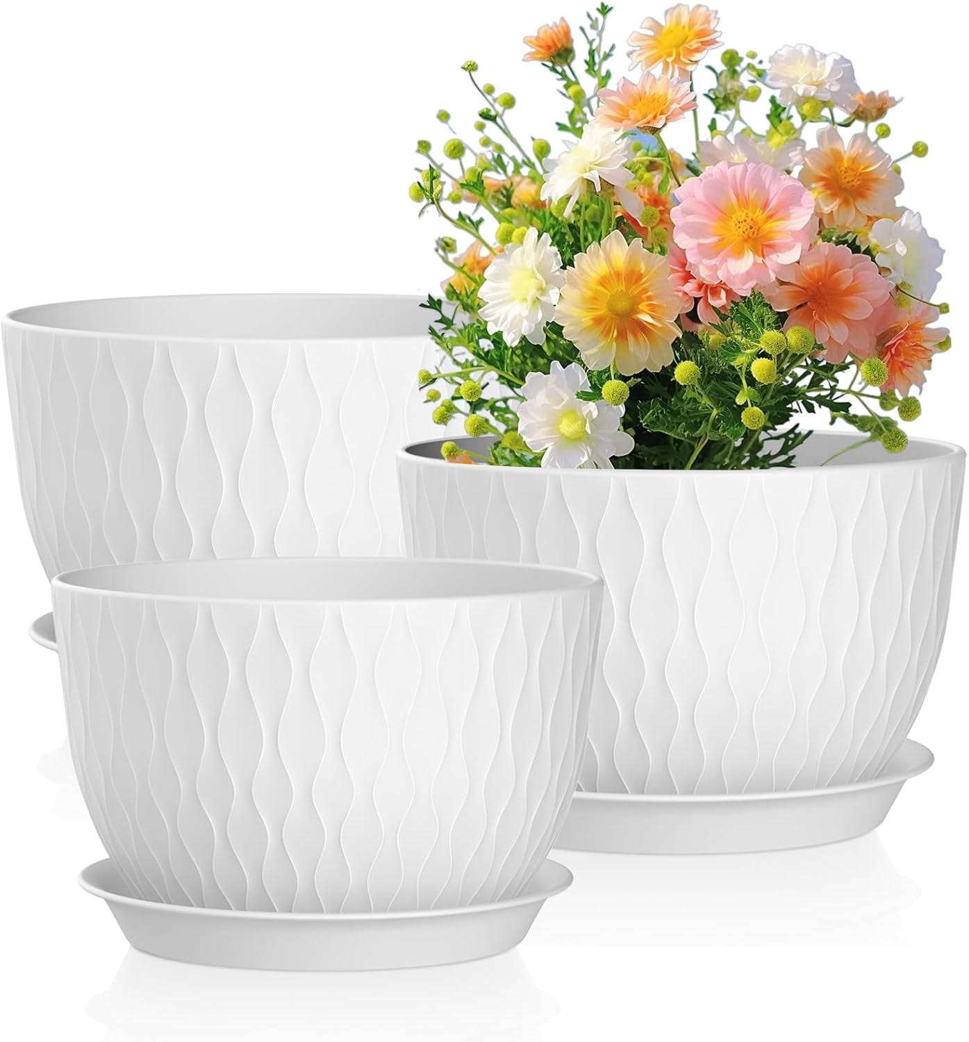 12/10/9 inch Large Plant Pots, 3 Pack Wide Flower Pots for Outdoor ...