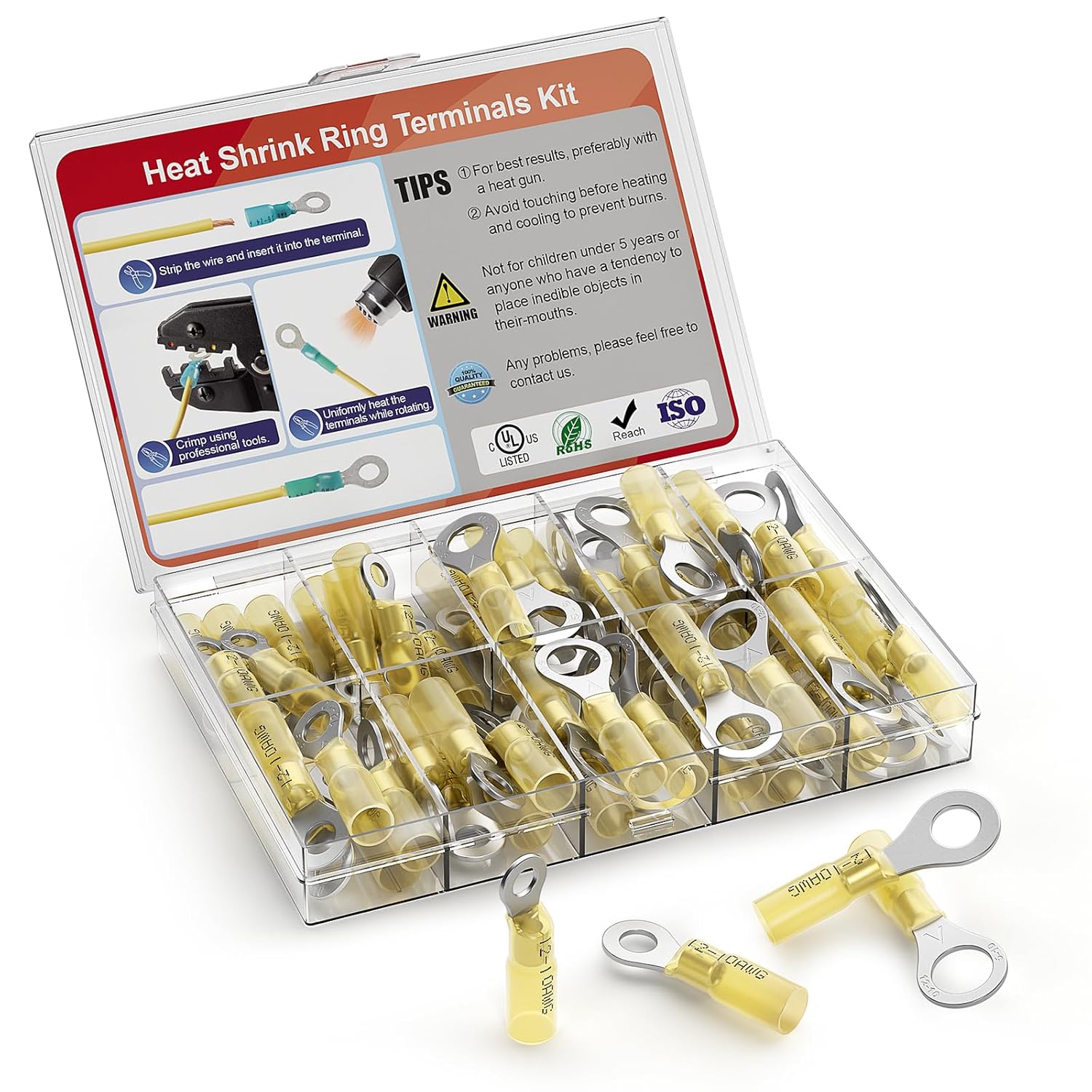 12-10 heat shrink ring terminal kit #10, 1/4 inch, 5/16 inch, 3/8 inch copper terminal connector ends, battery cable wiring terminals, yellow electrical crimp connectors, suitable for 12, 10 AWG wire