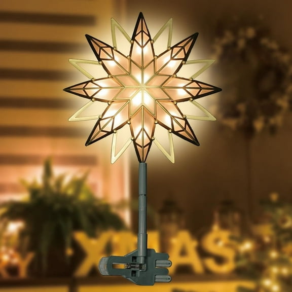 12" 10L Christmas Snowflake Tree Topper (Gold), Christmas Star Tree Light, Warm White