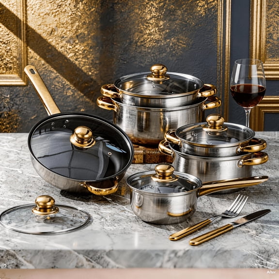 12/10PCS Stainless Steel Cookware Set with Golden Handles, Nonstick Pots and Pans Set for Induction, Gas and Ceramic Stovetops, Multi-Size Kitchen Cookware for Home and Restaurant
