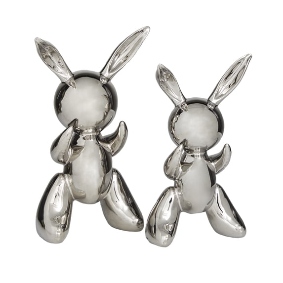 12", 11"H Silver Porcelain Abstract Balloon Rabbit Sculpture, by DecMode (2 Count)