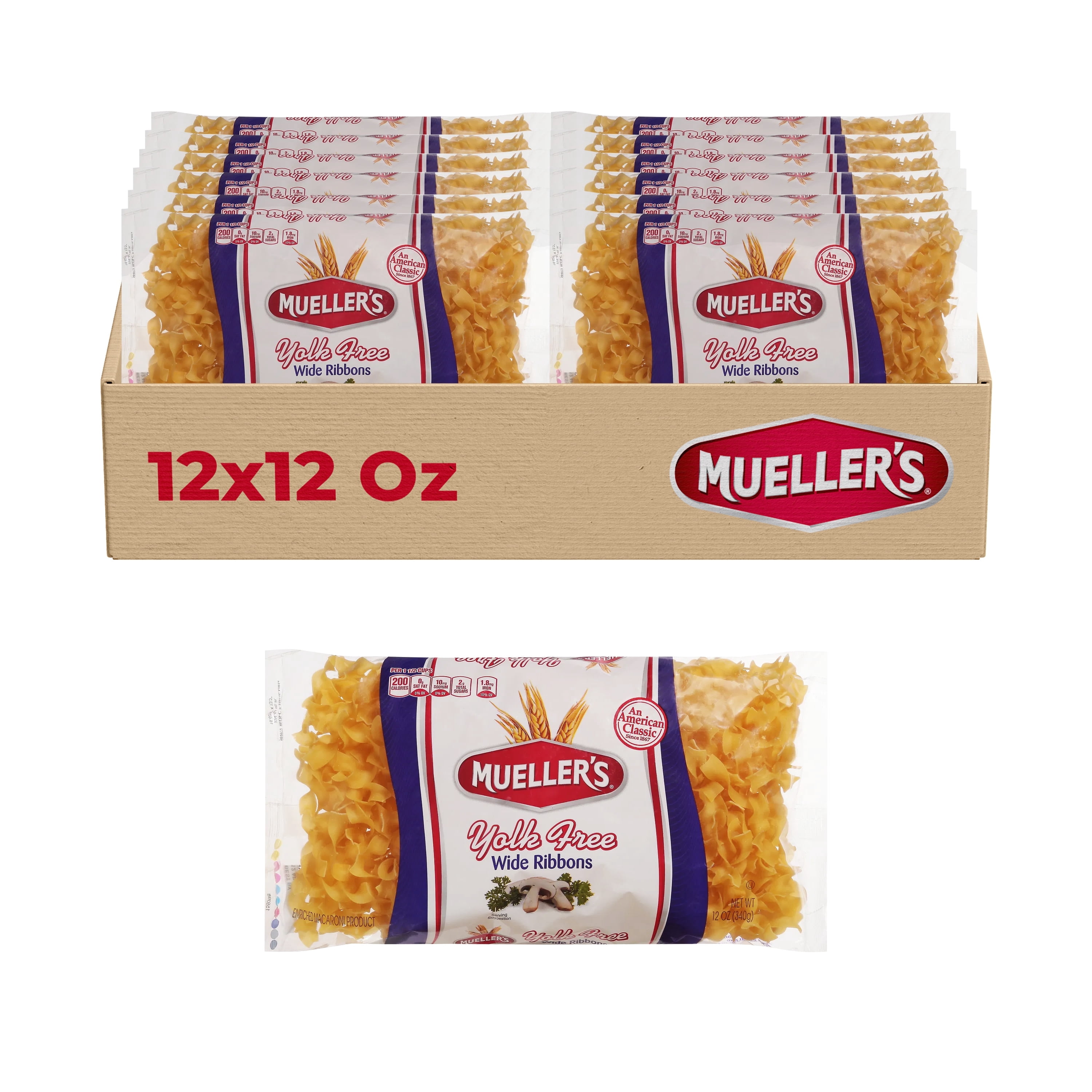 Mueller's Yolk Free Extra Wide Pasta Ribbons (12-Pack, 12 oz) â€“ Egg noodle alternative, yolk-free with authentic homestyle flavor.