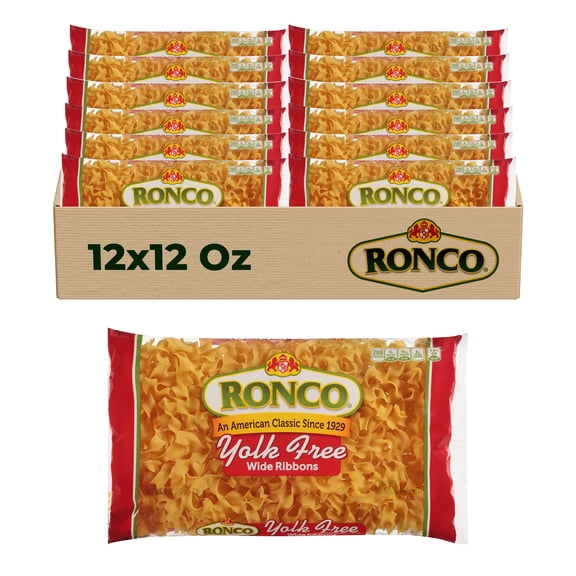 Ronco Yolk Free Extra Wide Pasta Ribbons – 12-Pack (12 oz Each) – Classic, wide-cut pasta for rich, comforting meals.