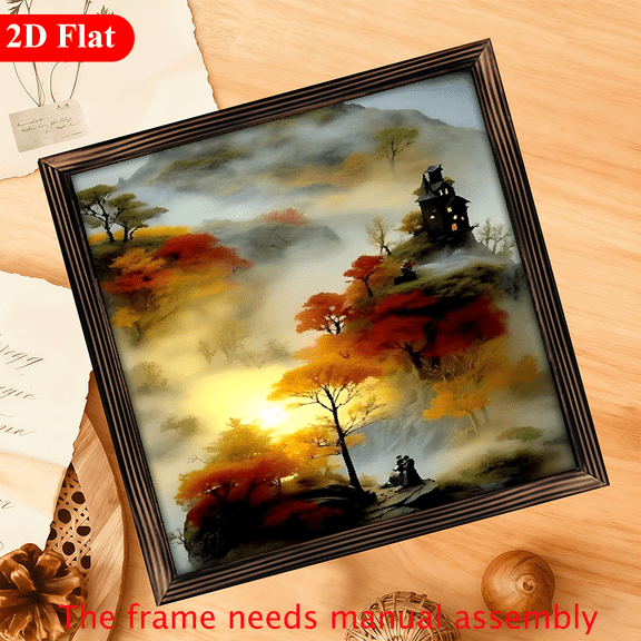 12*12 inch wooden frame painting - Misty Autumn Forest Cabin. It can be used as a home decoration item or as a wonderful gift.
