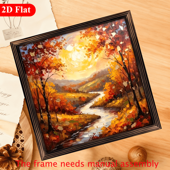 12*12 inch wooden frame painting - Splendid autumn mountain forest and stream. It can be used as a home decoration item or a wonderful gift.