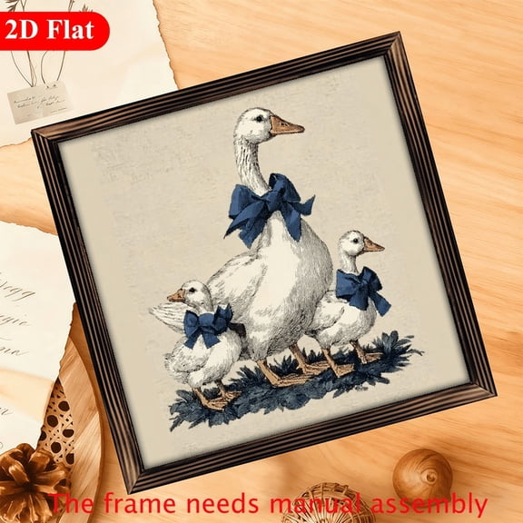 12*12 inch wooden frame painting - Three ducks wearing blue bows It can be used as a home decoration item, or it can be a wonderful gift.