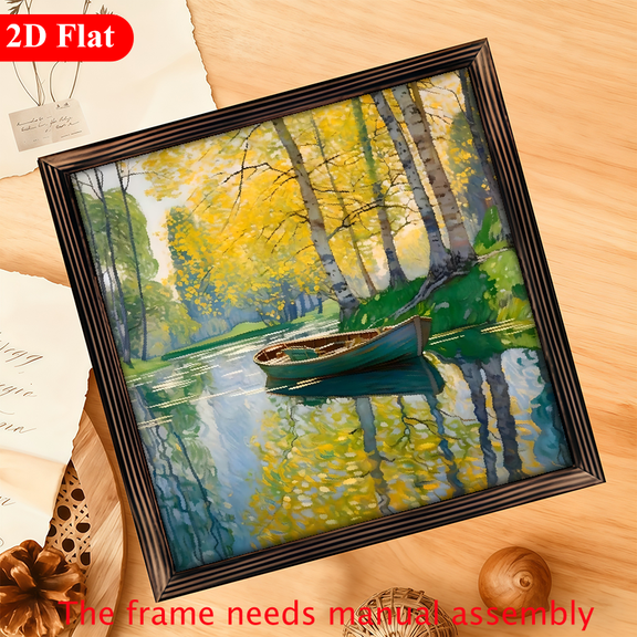 12*12 inch wooden frame painting - Tranquil Lakeside Boat. It can be used as a home decoration item or an excellent gift.