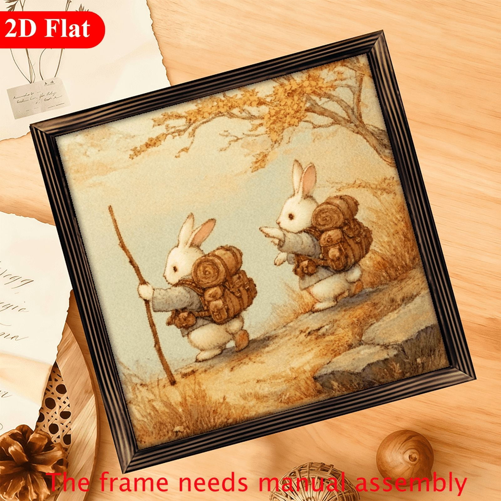 12*12 inch wooden frame painting - Two Rabbits on a Journey It can be ...