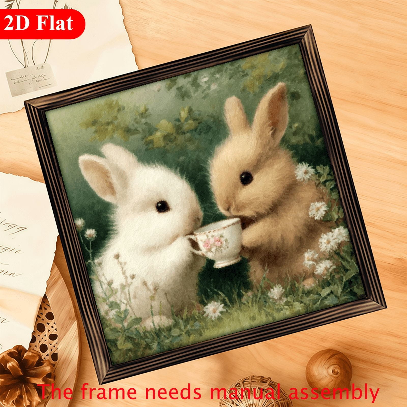 12*12 inch wooden frame painting - Two rabbits drinking tea It can be ...