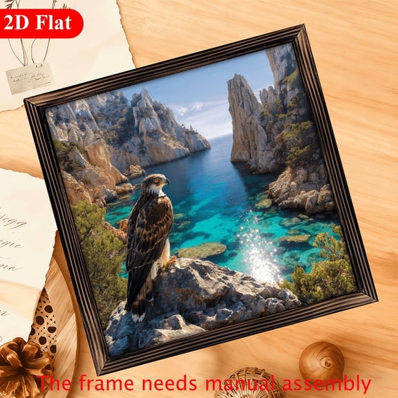 A 12*12-inch wooden framed painting - an eagle on a rocky cliff in the blue sea. It can be used as a home decoration item or as a wonderful gift.The frame needs manual assembly.