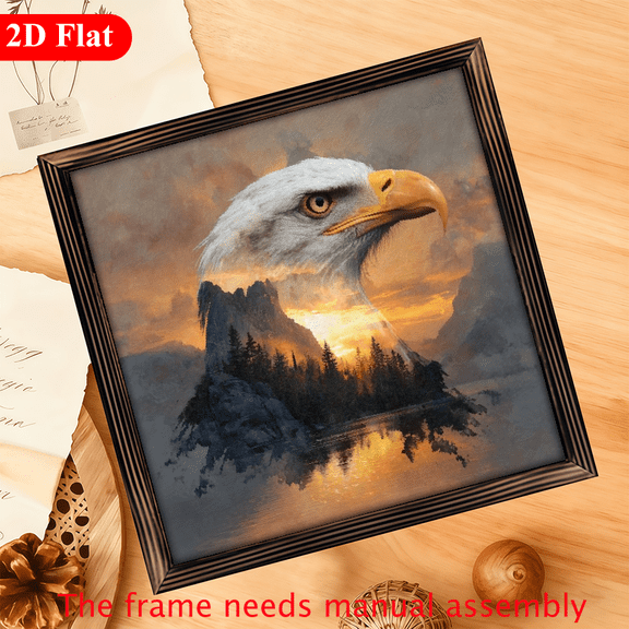 A 12*12-inch wooden framed painting - a majestic eagle. It can be used as a home decoration item or as a wonderful gift.The frame needs manual assembly.