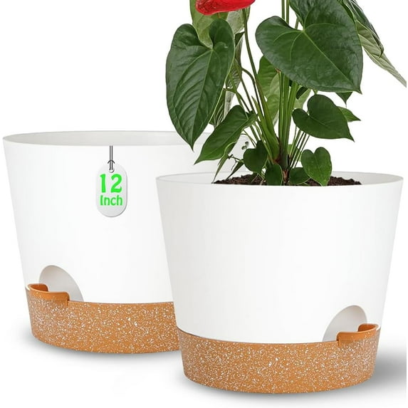 12+12Inch 2Pack Large Flower Pots for Indoor/Outdoor Plants,Self Watering Planters with Reservoir and Drainage Hole White Plastic Planting Pots Modern Home Decor Gift Idea