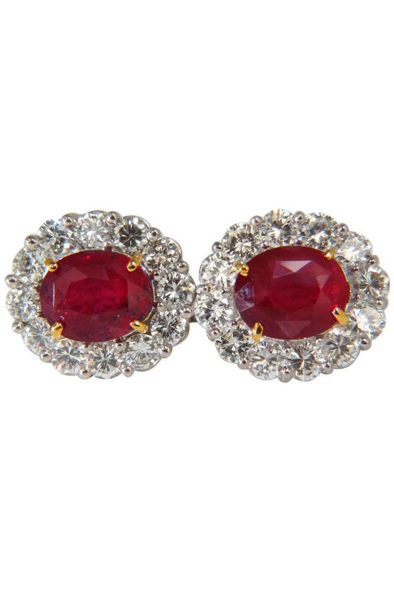 12.12ct GRS NO HEAT OVAL VIVID RED RUBY DIAMOND CLUSTER EARRINGS
