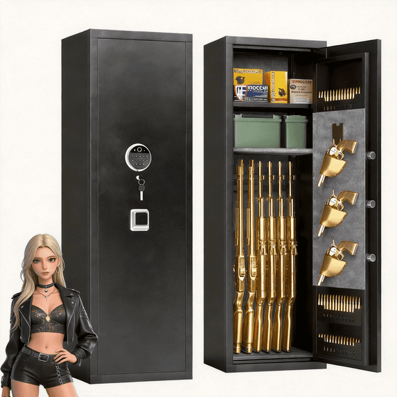 12-13 Gun Safe for Rifles and Pistols, Gun Locker Fingerprint, Gun Safe Biometric, Removable Shelf for Rifles Safes, Gun Cabinet Long with Adjustable Shelf, 12"D X 14"W X 57"H