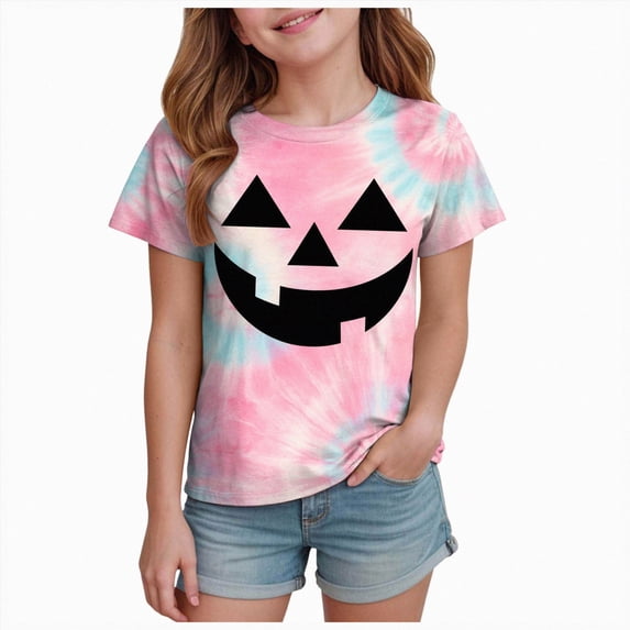 12-13 Years Girls Halloween Tie Dye Printed T Shirt Girls Comfortable Short Sleeved Top Halloween Toddler Shirt