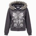 thumbnail image 1 of 12-13 Years Juniors Faux Fur Hooded Zip Up Sweatshirt Long Sleeve Graphic Pullover Outerwear with Pockets, 1 of 6