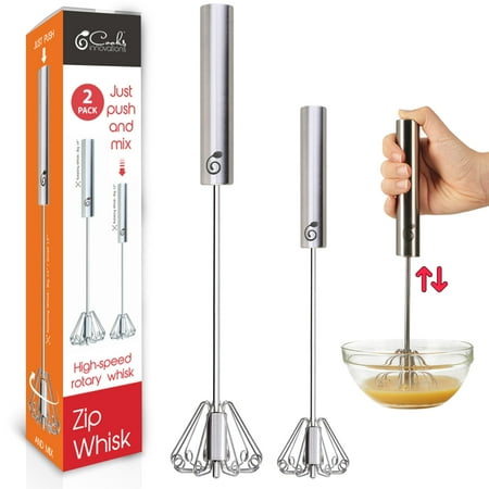 12 &14 Inch Stainless Steel Hand Whisk - Durable & Easy to Use Push-Down Zip Whisker - Rotary Hand Mixer for Beating Eggs, Frothing Milk, Blending, Mixing, Whipping Smoothies & Shakes - 2 Pack