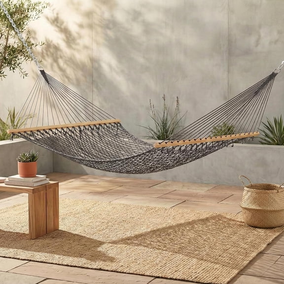 12-14 ft Adjustable Quick Dry Recycled Polyester Rope Hammock, Fade Resistant, 2 Person Indoor/Outdoor (460lbs Capacity) for Patio, Poolside, Backyard, Garden, Balcony, Miami - Charcoal