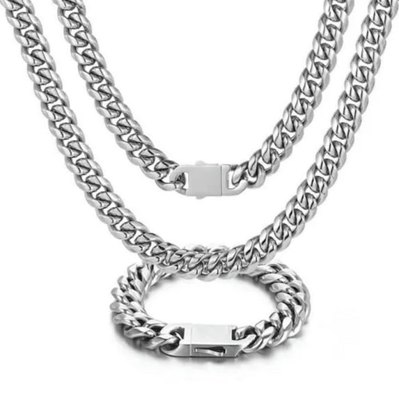 12/14mm Fashion Stainless Steel Silver Miami Cuban Chain Men's Necklace Jewelry
