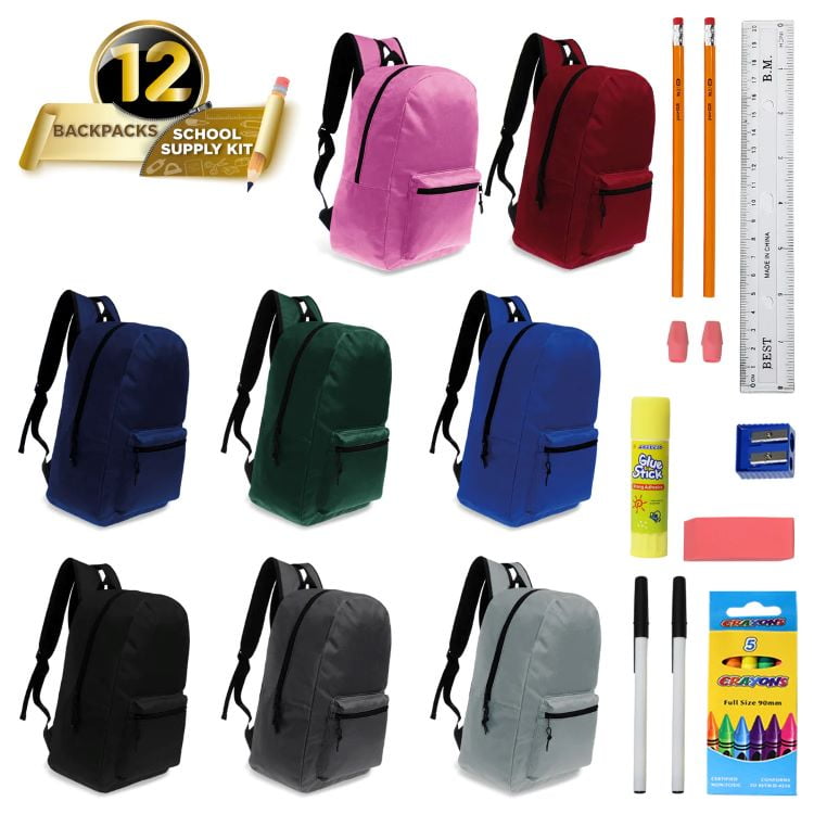 12   15" Backpacks in 8 Assorted Colors and 12 Bulk School Supply Kits