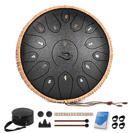 12" 15 Note Steel Tongue Drum C Major, Lidguni Tongue Pan Drums for Adults, Black