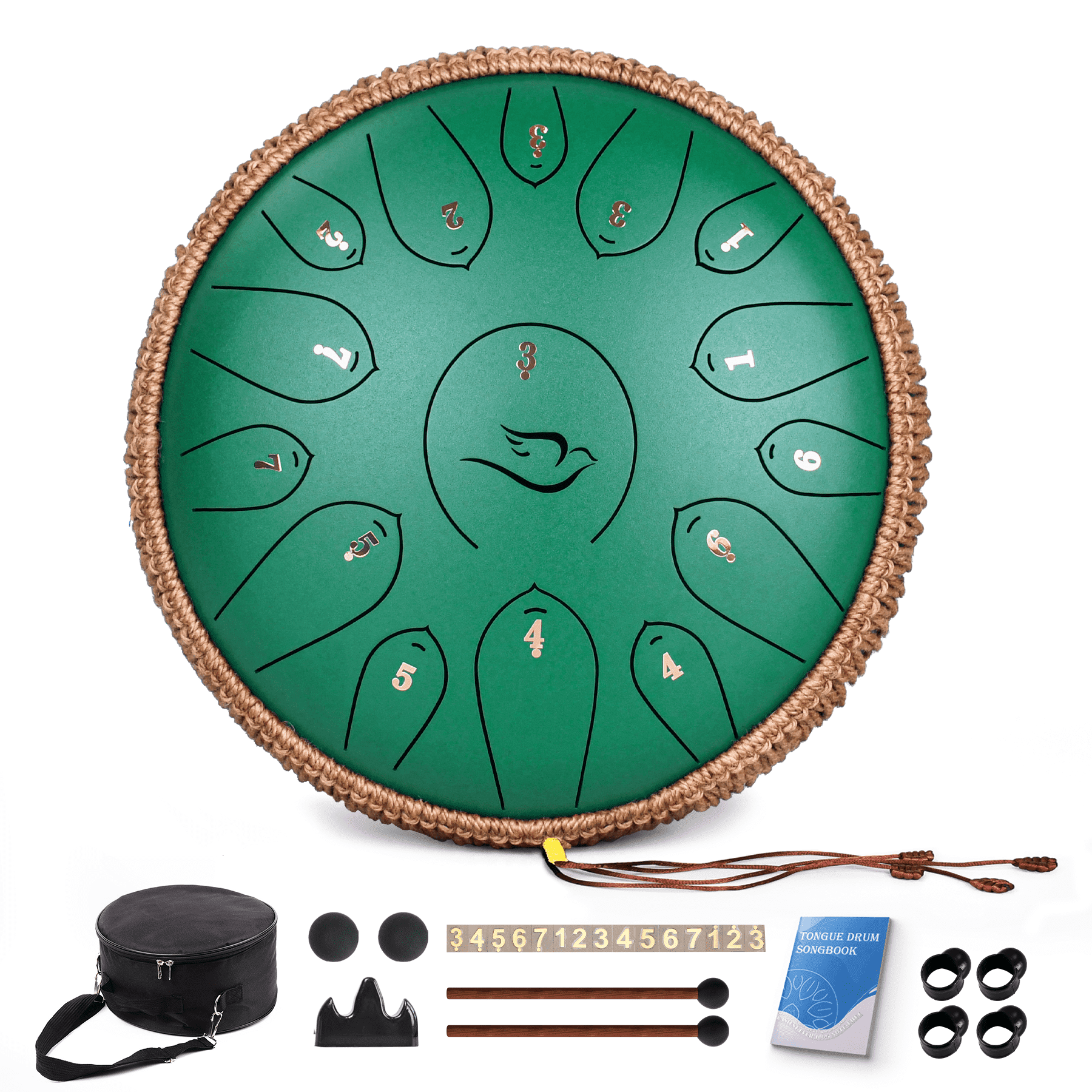 12" 15 Note Steel Tongue Drum C Major, Lidguni Tongue Pan Drums for Adults, Green