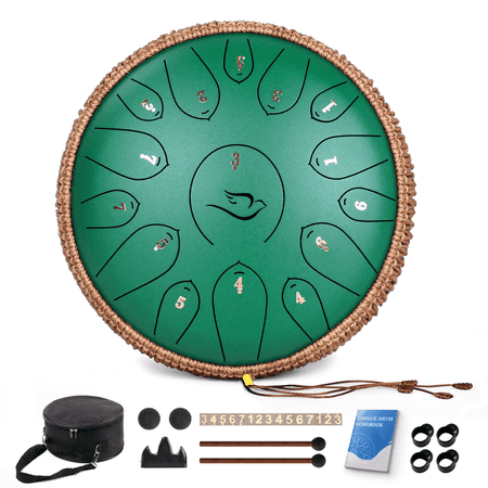 12" 15 Note Steel Tongue Drum C Major, Lidguni Tongue Pan Drums for Adults, Green