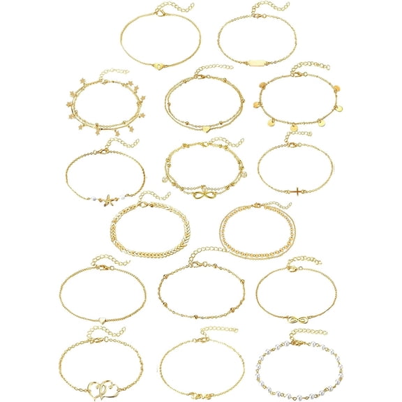 12/16/30Pcs Ankle Bracelets for Women Gold Silver Rose Gold Charm Anklets Set for Teens Boho Layered Beach Adjustable Foot Chain Summer Beach Jewelry