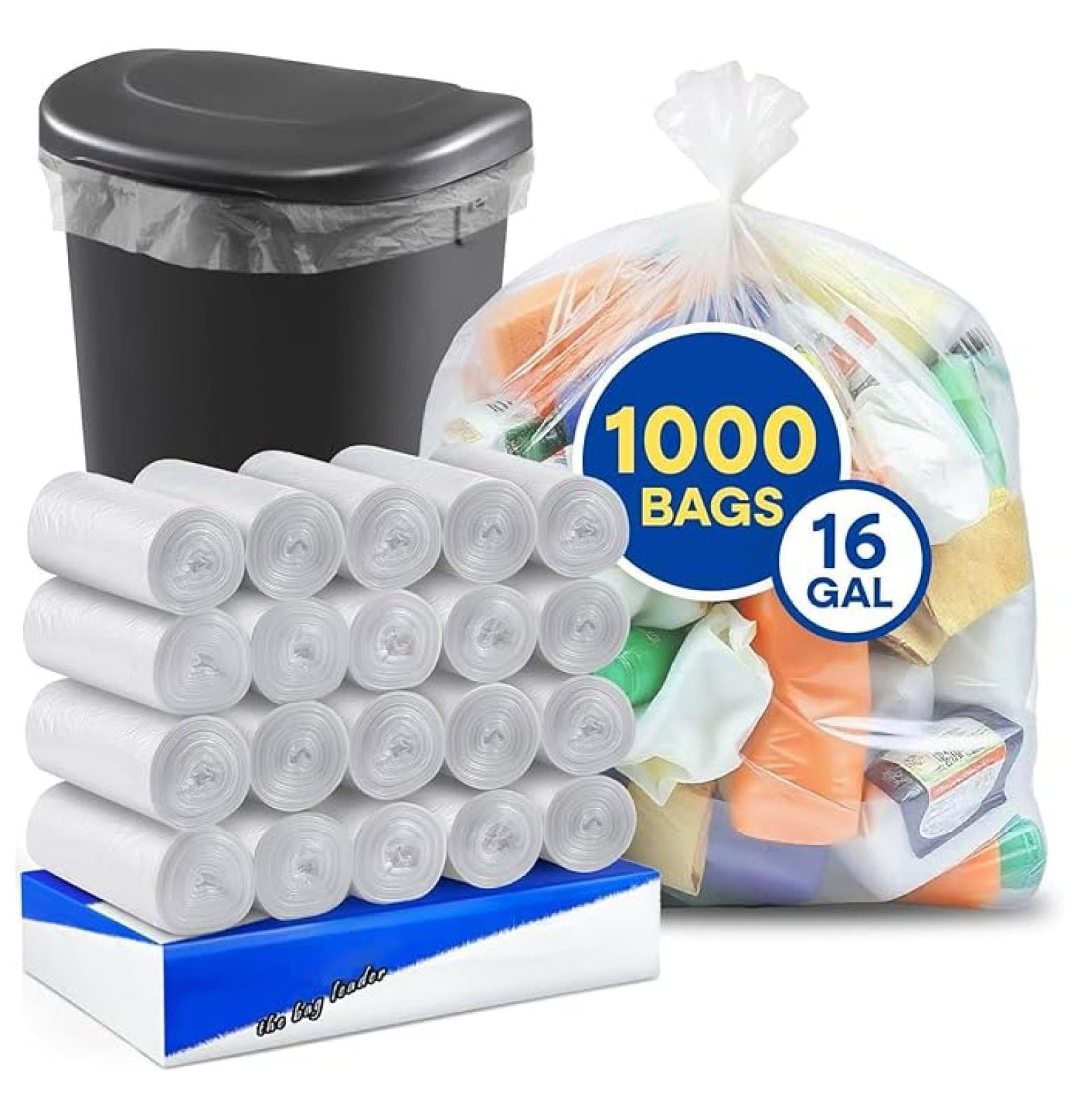 12-16 Gallon Clear Trash Bags – 24" x 31", 8 Micron High-Density Garbage Can Liners, Leak-Resistant, Unscented, Bulk Pack of 1000 for Indoor/Outdoor Use