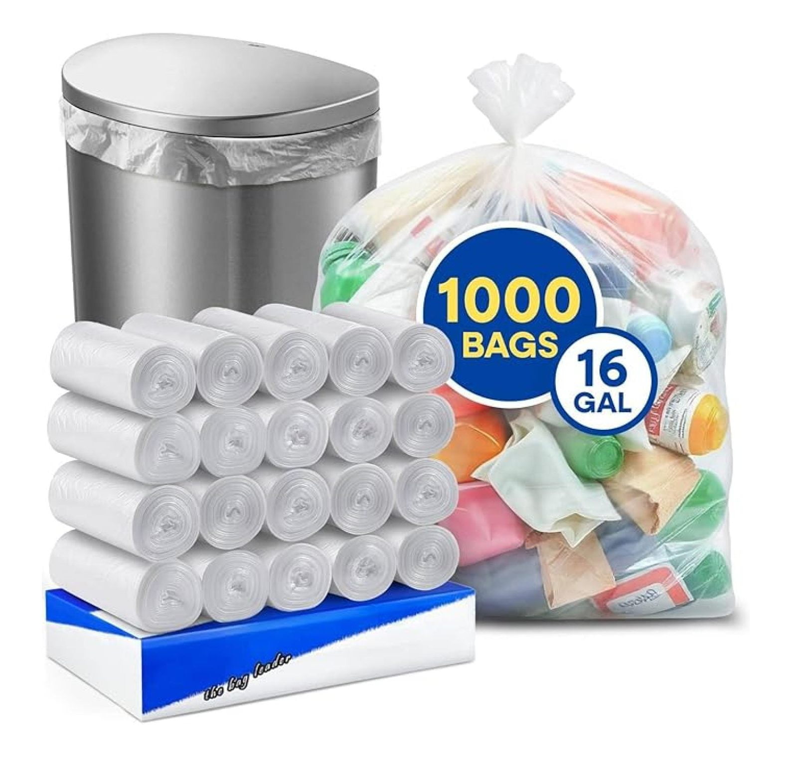 12-16 Gallon Clear Trash Bags, 24" x 31" High-Density Garbage Can Liners, 6 Micron, Unscented, Bulk Pack of 1000, for Indoor/Outdoor Use