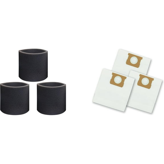 12-16 Gallon Standard Dust Bag, 3 Pack, VDBL and 3-Pack Foam Filter for Wet Pick-up(VFF51 3701),Compatible with Vacmaster 12-16 Gallon Wet/Dry Vacuum Cleaners(3 Dust Bags+3 Foam Filters)