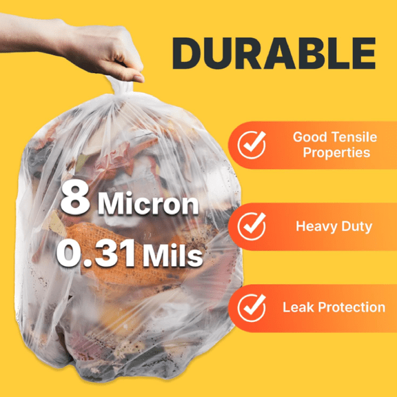 12-16 Gallon Trash Bags, 8 Micron High Density Garbage Can Liners Bulk, 24" x 33", Natural Clear, 1000 Count
