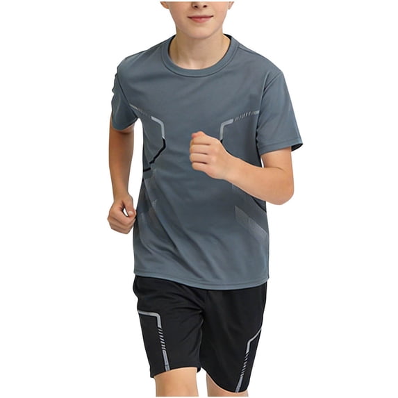 12-16 Years Boys Summer Outfits Set Kids Short Sleeve Top T-Shirt & Shorts Color Block Clothing Sets Gray 14-15 Years