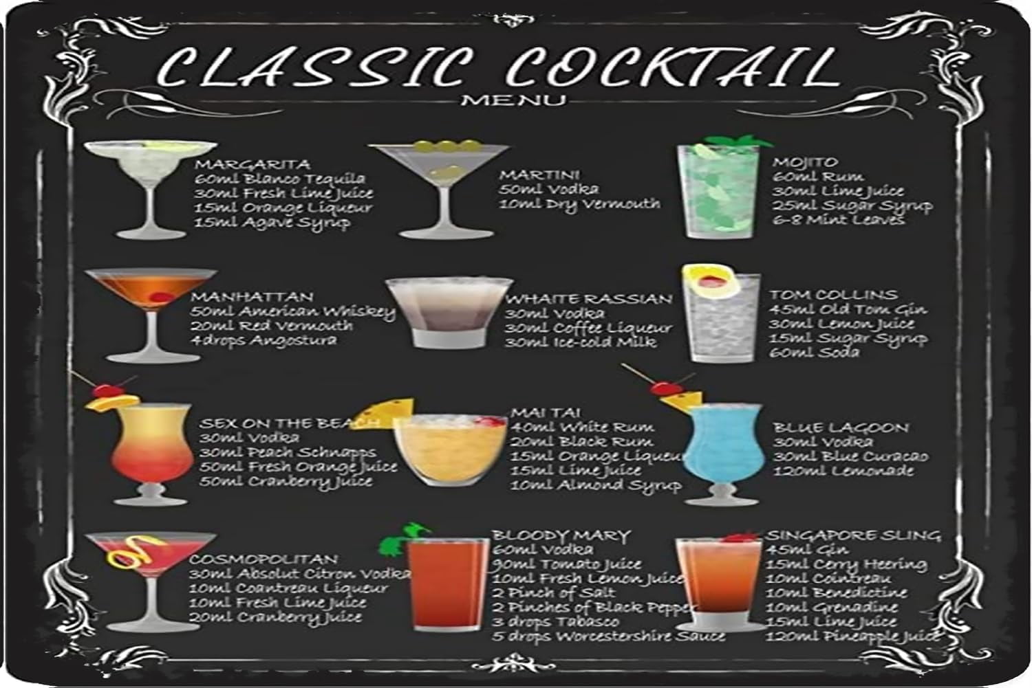 12×16 inch Vintage Classic Cocktail Recipe Guide Retroe Cocktail Menu ...