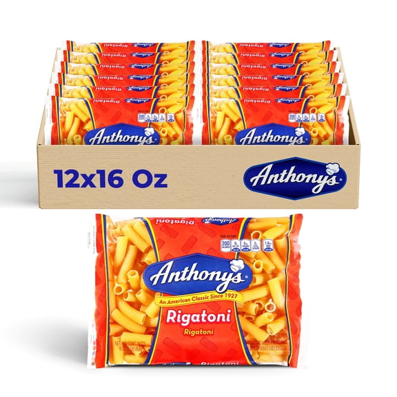 Anthonys Rigatoni Pasta, 12-Pack (16 oz Each)  Rigatoni Pasta for Classic Italian-inspired dishes