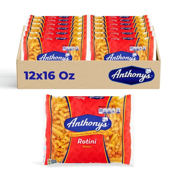 Anthonys Rotini Pasta, 12-Pack (16 oz Each), Classic Spiral Pasta for Pasta Salads, Bakes & Hearty Sauces